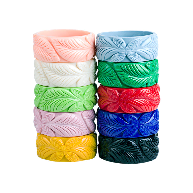 Wide Leaf Carved Fakelite Bangle - Red