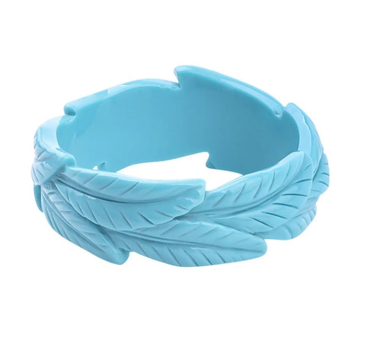 Wide Leaf Carved Fakelite Bangle - Baby Blue