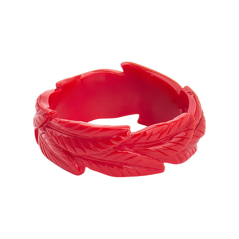 Wide Leaf Carved Fakelite Bangle - Red