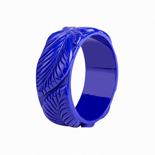 Wide Flower Carved Fakelite Bangle - Navy