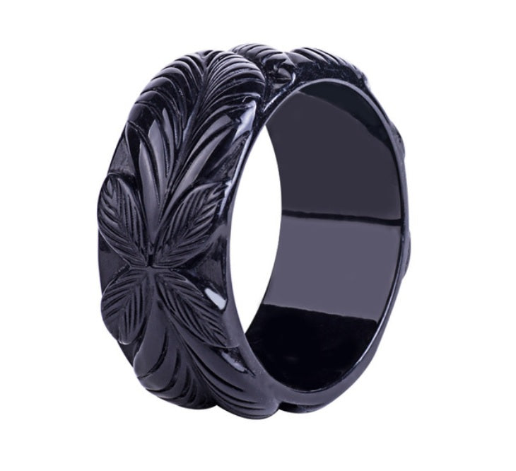 Wide Flower Carved Fakelite Bangle - Black