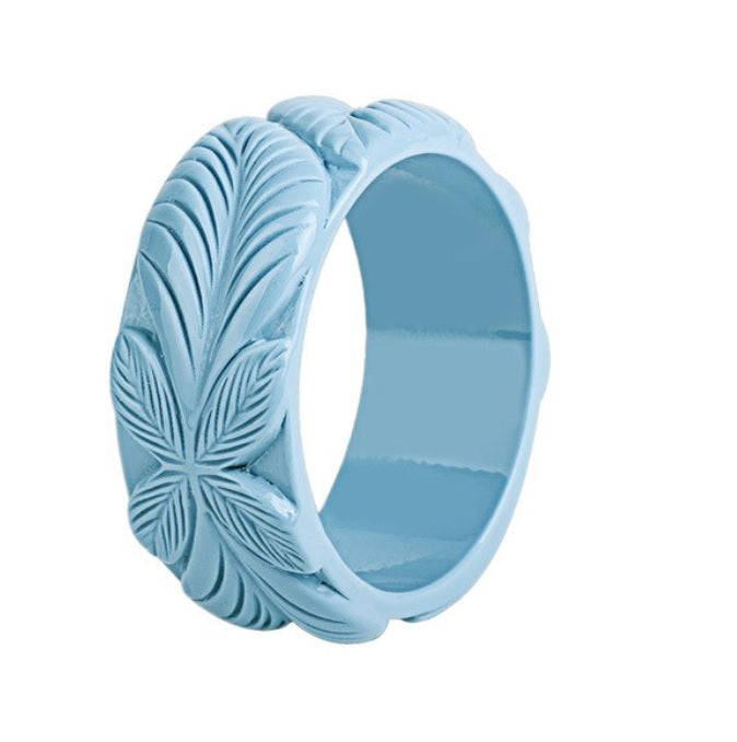 Wide Flower Carved Fakelite Bangle - Light Blue