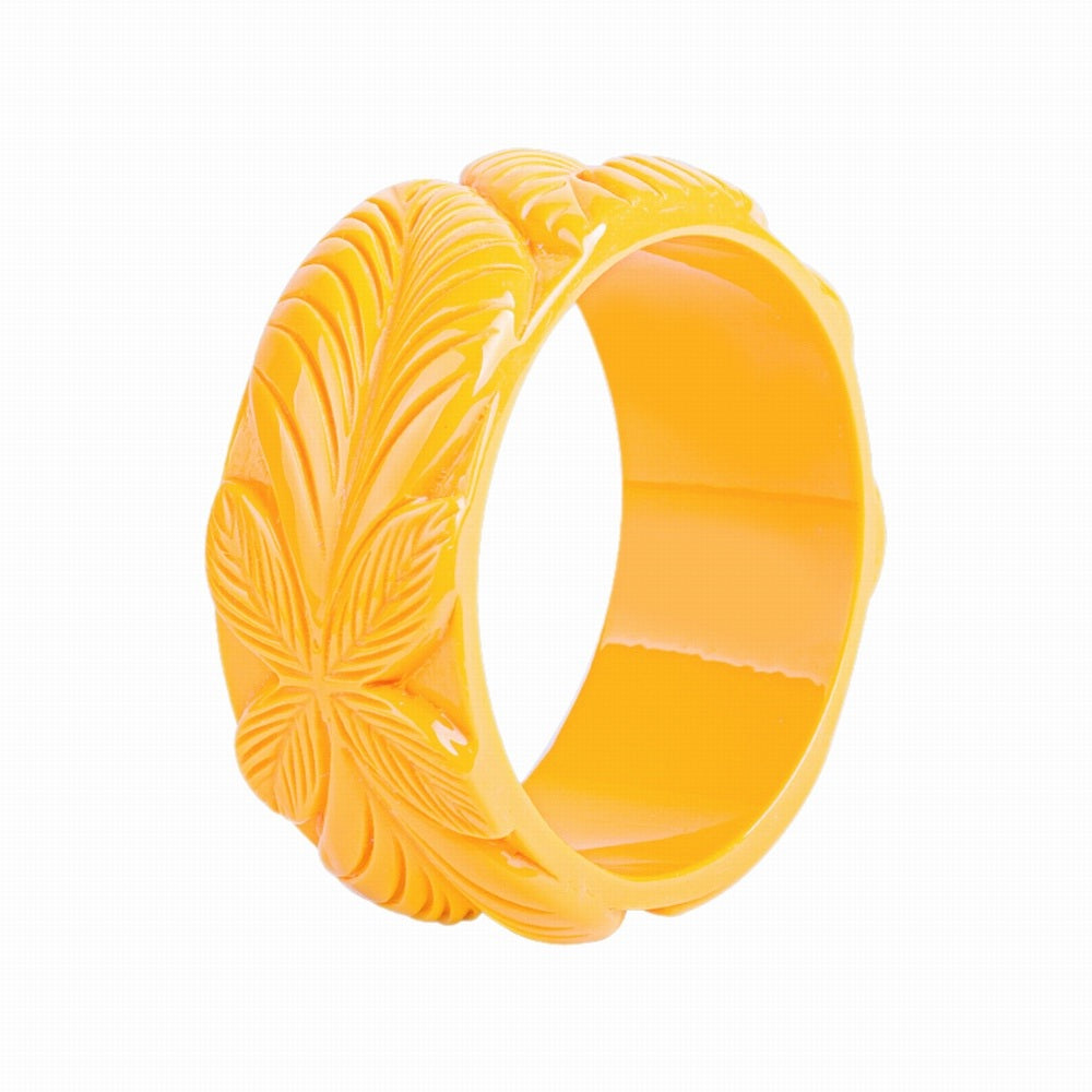 Wide Flower Carved Fakelite Bangle - Mustard