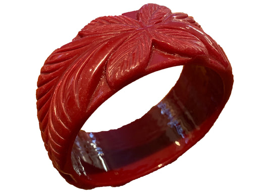 Wide Flower Carved Fakelite Bangle - Burgundy