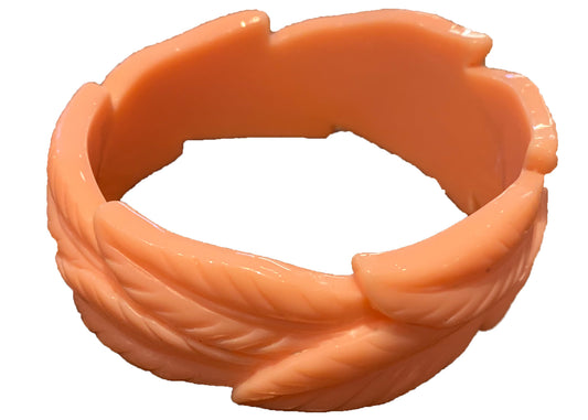 Wide Leaf Carved Fakelite Bangle - Baby Pink