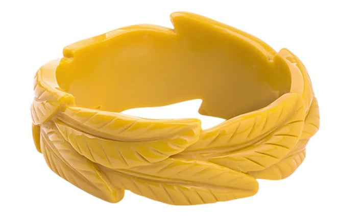 Wide Leaf Carved Fakelite Bangle - Mustard